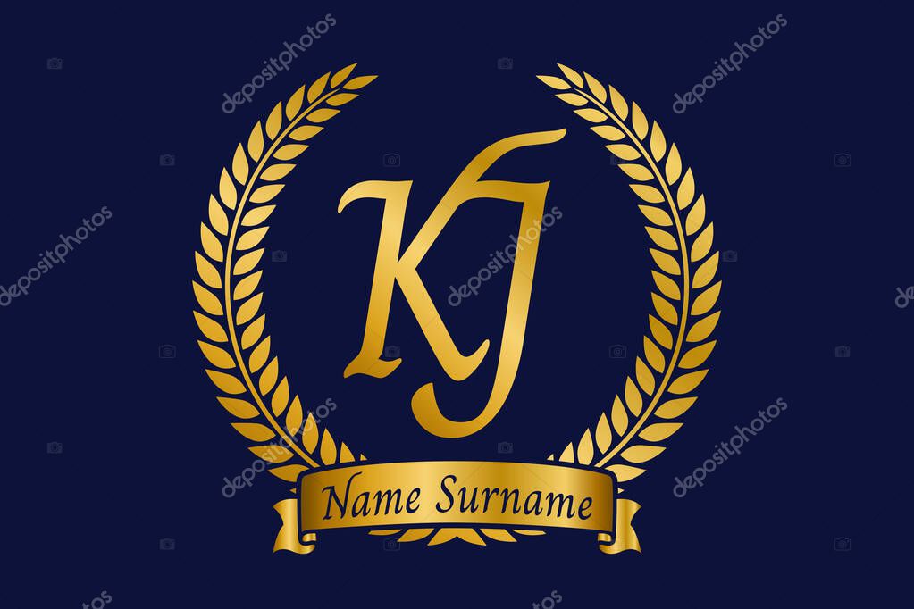 Initial letter K and J, KJ monogram logo design with laurel wreath. Luxury golden emblem with calligraphy font.