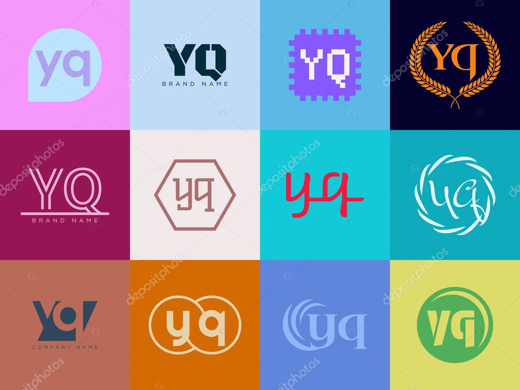 YQ logo company template. Letter y and q logotype. Set different classic serif lettering and modern bold text with design elements. Initial font typography. Collection trendy business identity.