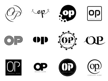 OP logo şirketi şablonu. Mektup O ve p logotype. Tasarım elemanları ile farklı klasik serif harfleri ve modern kalın metin ayarla. İlk yazı tipi tipografisi. Koleksiyon trend iş kimliği.