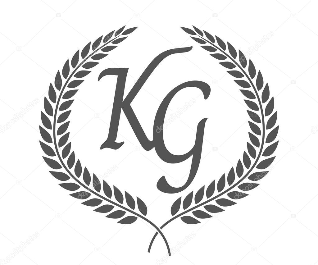 Initial letter K and G, KG monogram logo design with laurel wreath. Luxury emblem with calligraphy font.