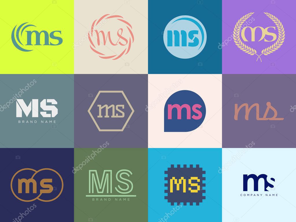 MS logo company template. Letter m and s logotype. Set different classic serif lettering and modern bold text with design elements. Initial font typography. Collection trendy business identity.