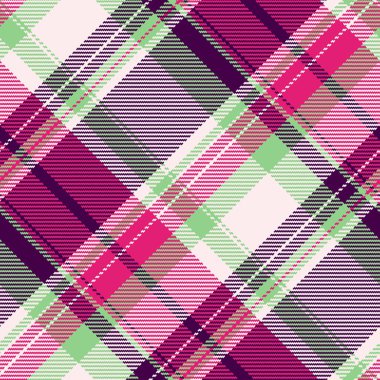 Renkli ekose desenli. Pembe, mor ve yeşil renklerde kusursuz tekstil tasarımı. Geleneği, tarzı ve samimi titreşimleri temsil eder. Arkaplan, kumaş ve tasarım projeleri için ideal.