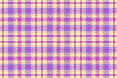 Tartan desenli doku, Afrika tekstil vektörünü kontrol et. Sarı ve morumsu renk paletinde ekosesiz kumaş arkaplan.