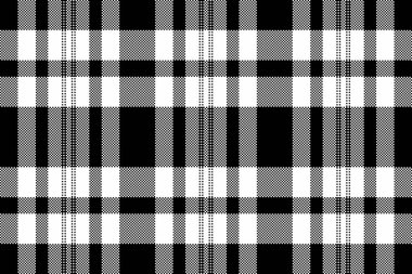 Battaniyeli tekstil dikişsiz vektör, yaratıcılık örneği kumaş kontrolü. Siyah ve beyaz renk paletinde ince tartan arkaplan desenli ekose.