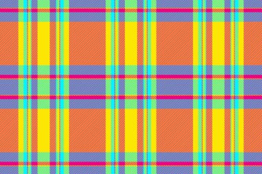 Turuncu, sarı, pembe, mavi ve yeşil çizgilerin kesiştiği canlı ekoseli desen. Klasik tekstil tasarımı arka plan, doku veya yaratıcı projeler için idealdir..