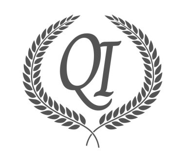 Baş harf Q ve ben, defne çelenkli QI monogram logo tasarımı. Kaligrafi yazı tipli lüks amblem.