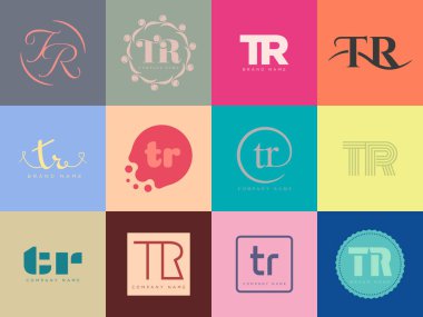 TR logo şirketi şablonu. Harf t ve r logotype. Tasarım elemanları ile farklı klasik serif harfleri ve modern kalın metin ayarla. İlk yazı tipi tipografisi. Koleksiyon trend iş kimliği.