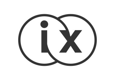 IX şirketinin ana hatları ve i x harfleriyle amblemi. Marka kimliği için birleşmiş iki dairenin logo şablonu, logotip. Vektör Sonsuzluk sembolü ve teknoloji işareti.