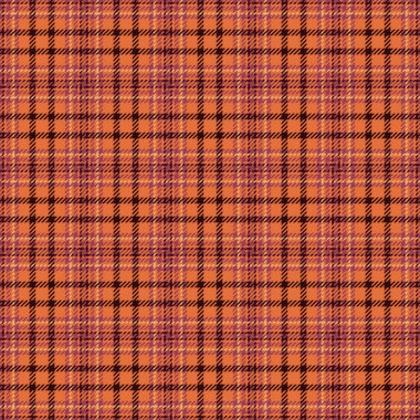 Ilık ekose desenli. Turuncu, erik ve kahverengi renklerde kusursuz kumaş. Arkaplan, tekstil, giyim veya grafik tasarım projeleri için ideal.