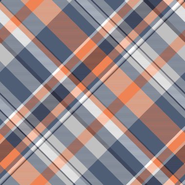 Mavi, gri ve turuncu çizgilerin kesiştiği soyut ekoseli desen. Geçmişi, tekstili ya da tasarım aksanları için ideal. Çok yönlü, şık ve görsel olarak çekici..