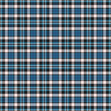 Mavi, siyah ve beyaz renkleri olan klasik tartan deseni. Tekstil tasarımı, arkaplan, ambalaj kağıdı veya projelerinize geleneksel, zamansız bir dokunuş eklemek için ideal.