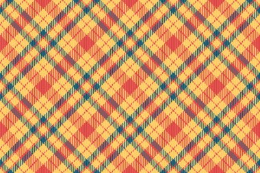 Çok renkli arka plan kontrolü, kumaş vektörünün dikişsiz olması. Kehribar ve kırmızı renk paletinde çapraz tartan kumaş desenli ekose..