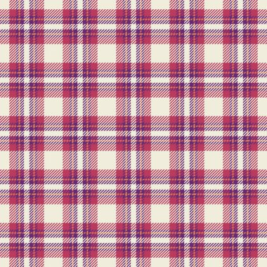 Mor, kırmızı ve krem tonlarında klasik tartan deseni. Tekstil, tasarım ve moda projeleri için çok yönlü, rahat bir arka plan. Sıcaklığı, geleneği ve sonbahar havasını çağrıştırıyor..