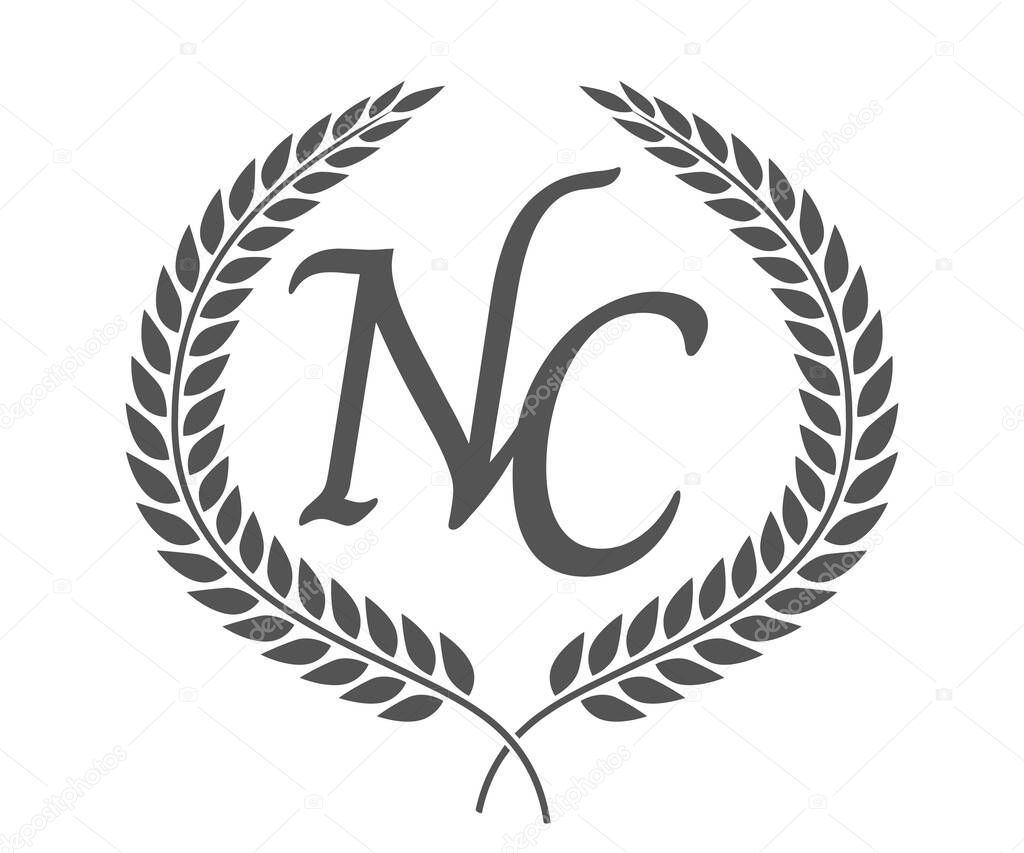 Initial letter N and C, NC monogram logo design with laurel wreath. Luxury emblem with calligraphy font.