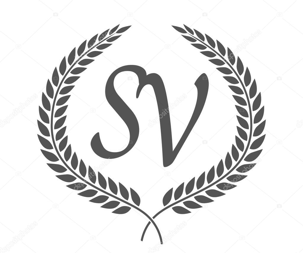 Initial letter S and V, SV monogram logo design with laurel wreath. Luxury emblem with calligraphy font.