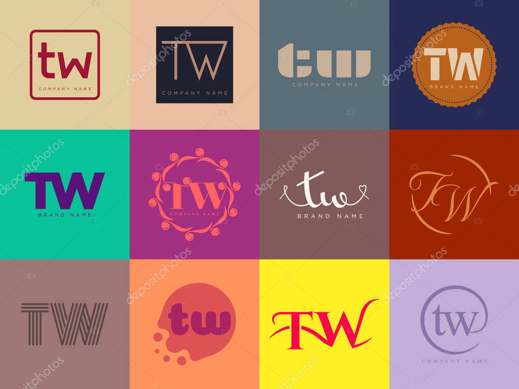 TW logo company template. Letter t and w logotype. Set different classic serif lettering and modern bold text with design elements. Initial font typography. Collection trendy business identity.