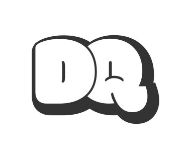 DQ logosu, karikatür harfleri, graffiti stili siyah beyaz siluet. Festival partisi için moda okul öncesi D ve Q harfi metni, kişisel baş harfler, çocuklar için funky print ve web. Vektör illüstrasyonu.