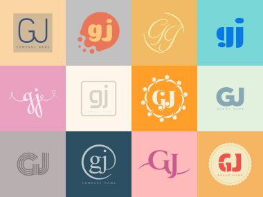 GJ logo şirketi şablonu. G ve J harfleri logoti. Tasarım elemanları ile farklı klasik serif harfleri ve modern kalın metin ayarla. İlk yazı tipi tipografisi. Koleksiyon trend iş kimliği.