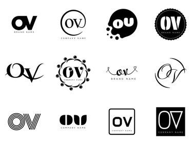 OV logo şirketi şablonu. O ve V logoti harfleri. Tasarım elemanları ile farklı klasik serif harfleri ve modern kalın metin ayarla. İlk yazı tipi tipografisi. Koleksiyon trend iş kimliği.