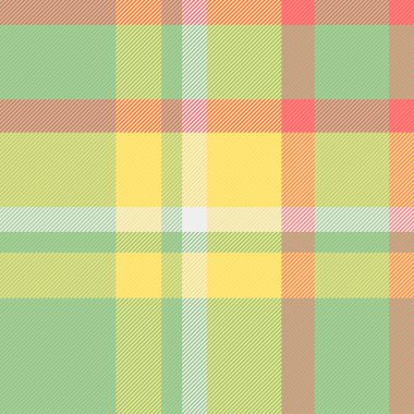 Fransız tekstil ekoseli, 1970 'lerin doku arka plan vektörü. Renkli tartan kumaş deseni yeşil ve açık renk paletinde pürüzsüz.