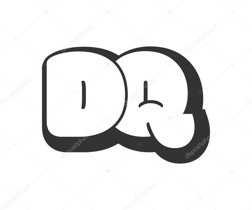 DQ logo, bubble comic lettering, rounded in graffiti style black and white silhouette. Trendy preschool D and Q letter text for festival party, personal initials, children funky print and web. Vector illustration.