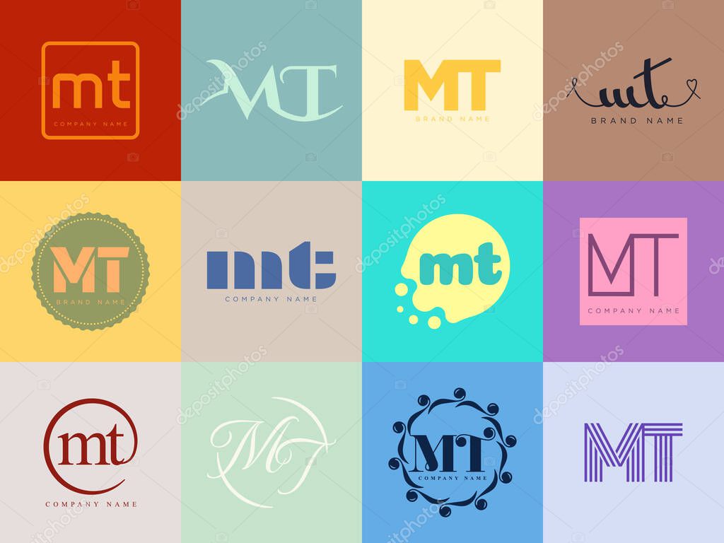 MT logo company template. Letter m and t logotype. Set different classic serif lettering and modern bold text with design elements. Initial font typography. Collection trendy business identity.