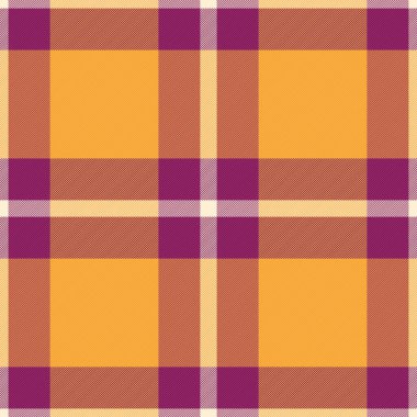 Sıcak, sonbahar ekose desenli. Turuncu, mor ve bej renkli Tartan tasarımı. Tekstil, arkaplan ya da tasarımlarınıza samimi bir doku eklemek için ideal.
