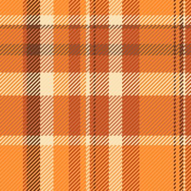 Kumaş kumaş arka plan ekoseli, doku seçimi şablonu. Turuncu ve şanslı turuncu renklerde renksiz tartan tekstil vektörü.