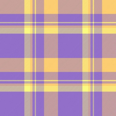 Mükemmel arka plan tekstil ekoseli, banyo kumaşı dokusu vektörü. Menekşe ve kehribar renk paletinde kusursuz tartan deseni genel kontrol.