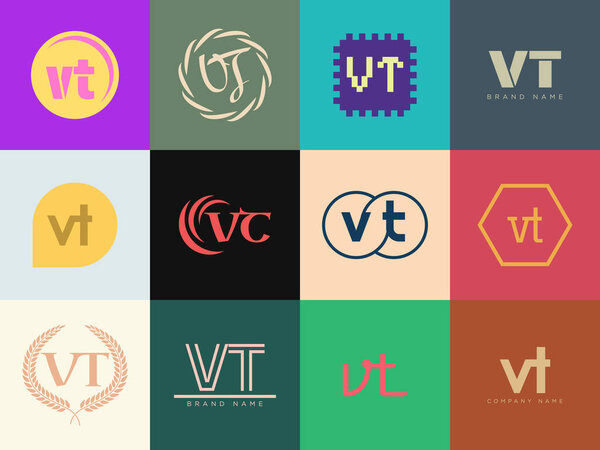 VT logo company template. Letter v and t logotype. Set different classic serif lettering and modern bold text with design elements. Initial font typography. Collection trendy business identity.