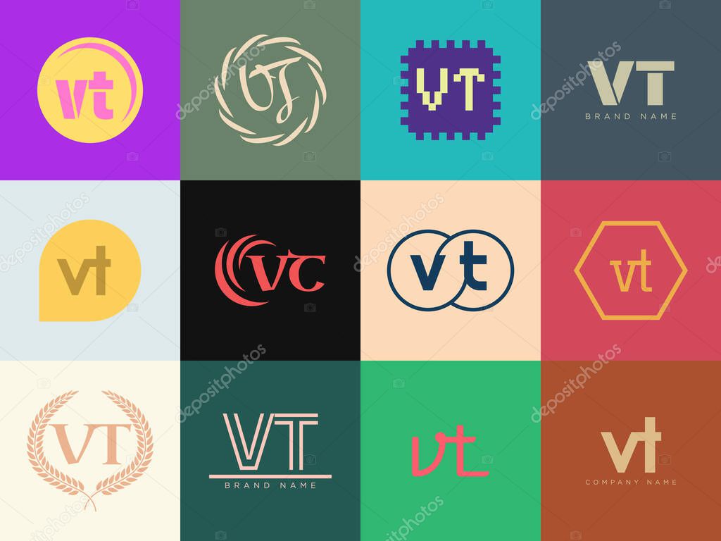 VT logo company template. Letter v and t logotype. Set different classic serif lettering and modern bold text with design elements. Initial font typography. Collection trendy business identity.