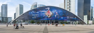 Panoramic View of La Defense with CNIT and Samsung Paris 2024 Olympic Branding clipart