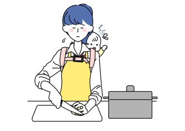 Liseli bir kızın sırtında bebekle yemek pişirmesinin klip sanatı.