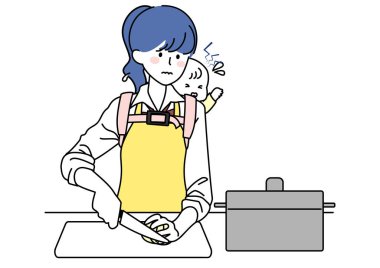 Liseli bir kızın sırtında bebekle yemek pişirmesinin klip sanatı.