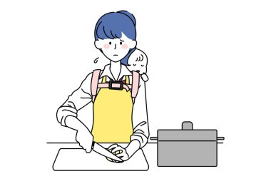 Liseli bir kızın sırtında bebekle yemek pişirmesinin klip sanatı.