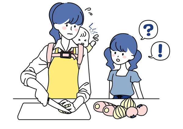 Clip Τέχνη Του Γυμνασίου Κορίτσι Μαγείρεμα Μωρό Στην Πλάτη Της — Διανυσματικό Αρχείο