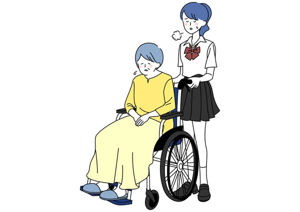 Иллюстрация Усталой Старшеклассницы Толкающей Инвалидное Кресло Своей Бабушки — стоковый вектор