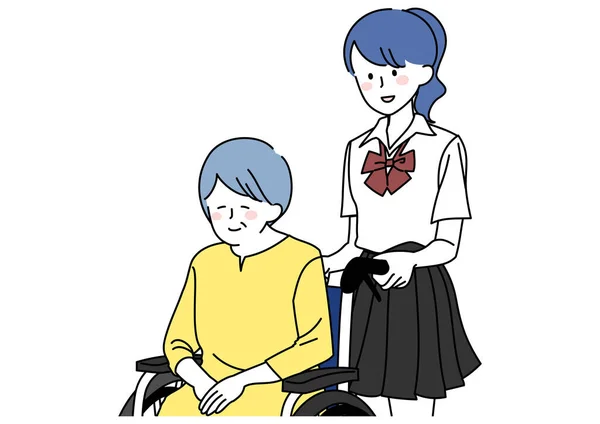 Clip Art Eines Highschool Mädchens Das Omas Rollstuhl Schiebt — Stockvektor