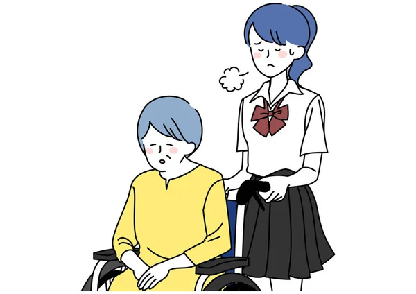 고등학생 소녀가 할머니 휠체어를 — 스톡 벡터