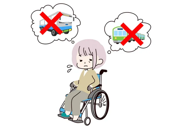 交通機関と格闘する車椅子高齢女性のイラスト — ストックベクタ