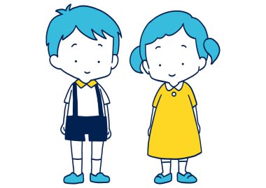 Anaokulunda yan yana duran kadın ve erkeğin klip sanatı.