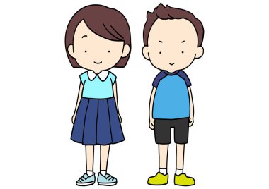 Erkek ve kız ilkokul öğrencilerinin yan yana durdukları klip sanatı.