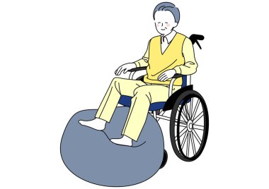 Tekerlekli sandalyedeki son sınıf bir adamın denge topunda rehabilitasyon yaptığı görüntüsü..