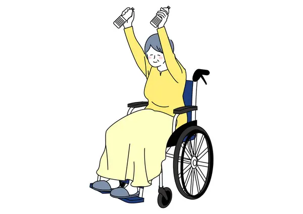 stock vector Illustration of a senior woman in a wheelchair stretching with a plastic bottle