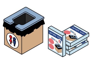 Afet kullanımı için katlanabilir bir acil durum tuvaleti ve paketlenmiş tuvalet seti çizimi.