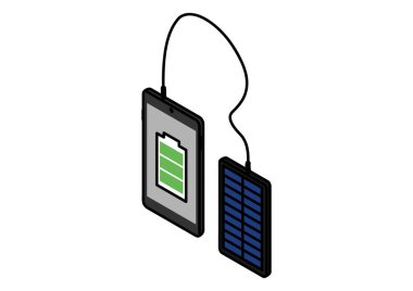 Taşınabilir katlanabilir bir güneş paneli tarafından acil durum kullanımı için şarj edilen akıllı telefonun izdüşümlü çizimi