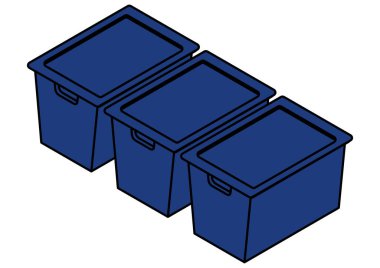 Sıraya dizilmiş üç mavi kapaklı depolama konteynerinin Isometric illüstrasyonu