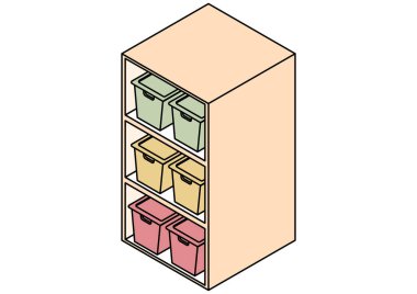 Organize ev depolama için pastel kapaklı kutular tutan üç katlı bir raf ünitesinin Isometric çizimi