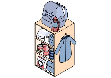 Sırt çantalı fener kaskı, konserve yiyecek ve yağmurluk gibi acil durum teçhizatlarıyla dolu bir depo rafının Isometric çizimi