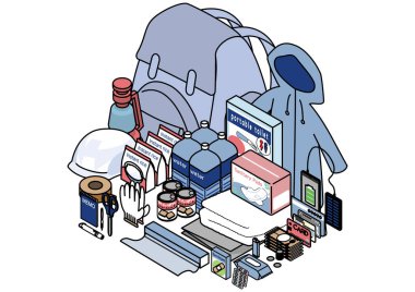 Sırt çantasındaki su, yiyecek hijyen ürünleri, yağmurluk ve daha fazlası da dahil olmak üzere acil durum çantasının Isometric çizimi